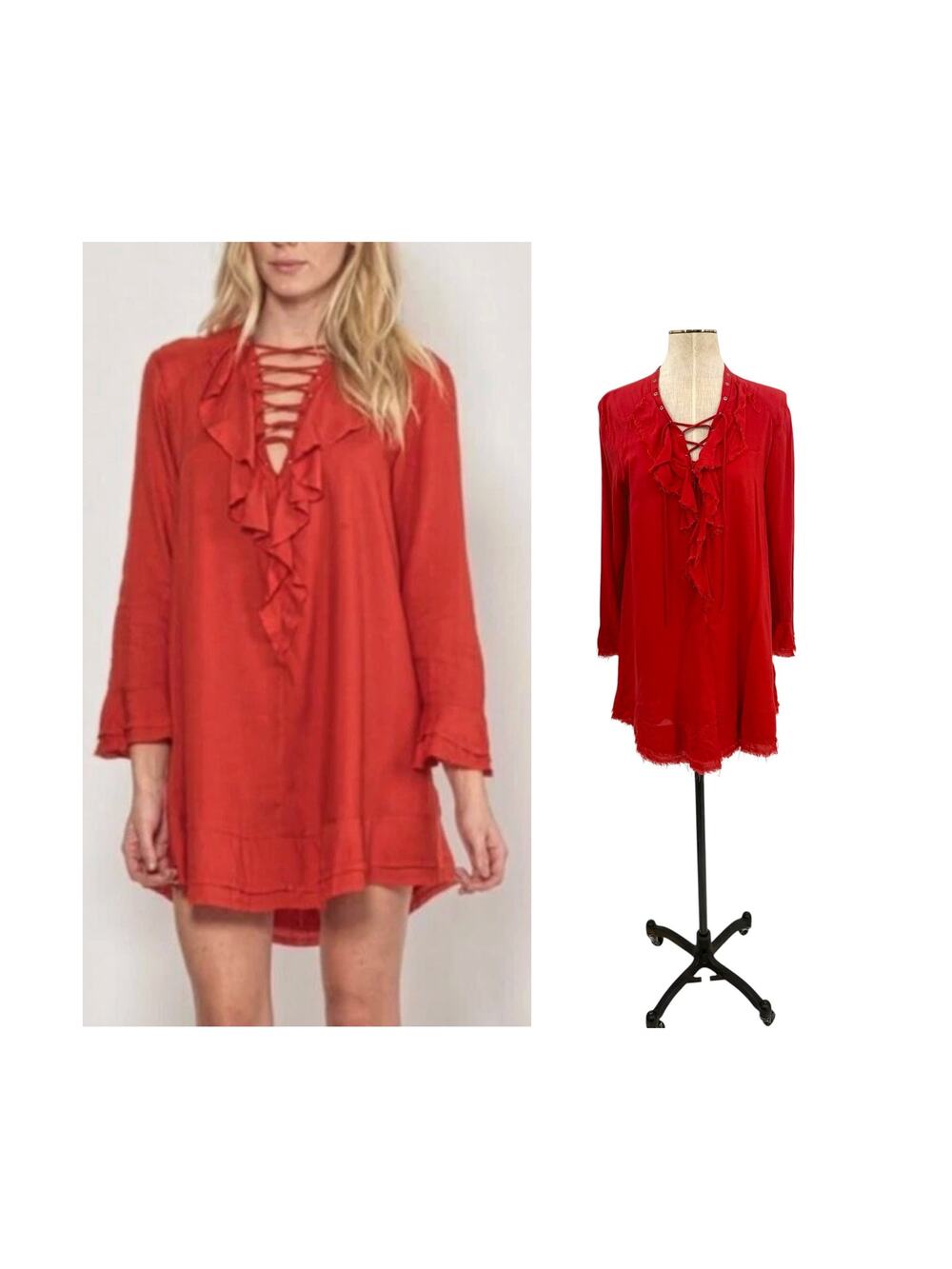 IRO Florine Lace‎ Up Ruffle Mini Dress Red Frayed Trim Long Sleeve Size 36 US 4
